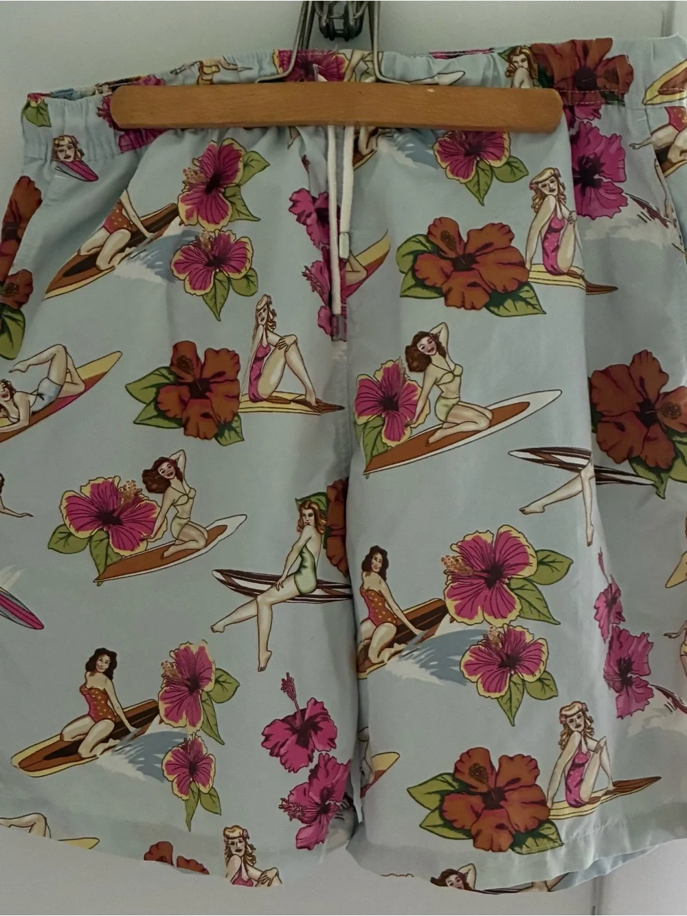 Peter Miller men’s surfer fun Light Blue Floral & Surf Print Swim Shorts